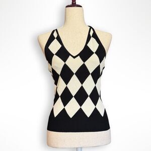 Vintage Y2K The Limited Diamond Print Knit Halter M, Black & White Argyle Preppy